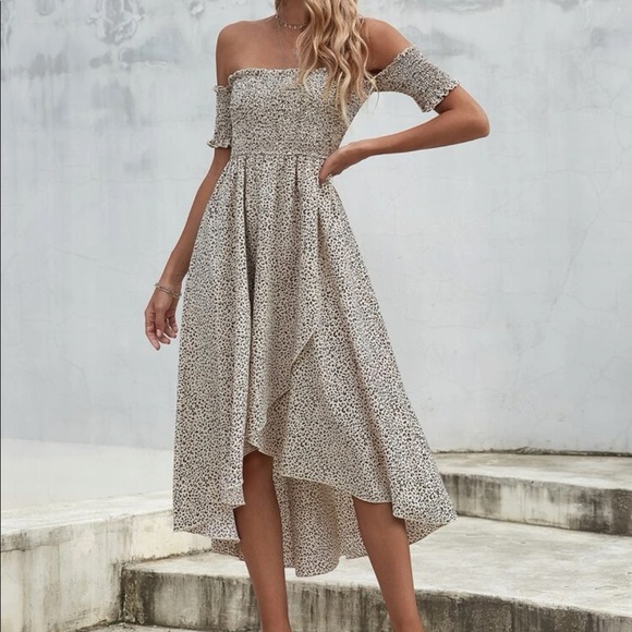 Boho dots shirred off shoulder high low wrap style dress - Picture 4 of 6